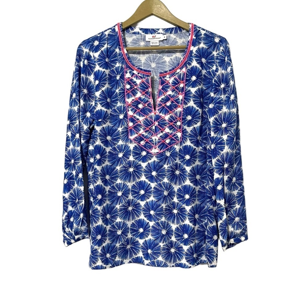 Vineyard Vines Blue White Sea Urchin Pink Embroidered Shirt Size‎ Medium